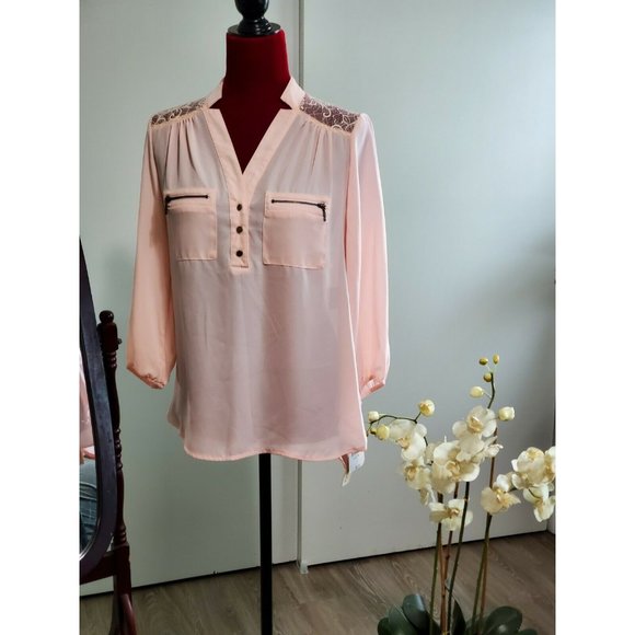 Rewind Tops - REWIND Long Sleeve Pink Blouse tunic back lace